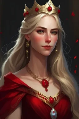 Generate me a female D&D character who is 60 years old, and is a queen They have long pale blonde hair. They are dressed in a red dress, she has a tiara The background should be a white