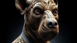 figure of a Man, with the skin of a Dog, art from the "art of management" collection by Jasper Harvey, in the style of futuristic optics, wool, detailed facial features, swirling vortices, 8k 3d, high detail, high resolution, 8K