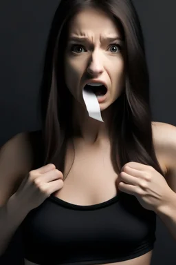 A girl with sculpted abs and tape completely covering her mouth