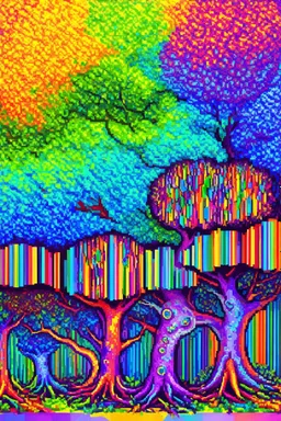 Spotted and striped rainbow colored Tentacle Trees; Cubism