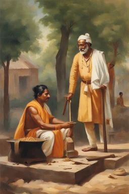 A Indian blacksmith seat on ground and work something with a Indian king standing in front of him and a bag of sandalwood on one side, the king pointing towards the Bag.