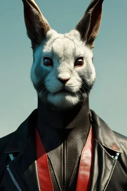 Medium Close Up Portrait, Front image. cyberpunk, rabbit mask, strong man, white short hair. leather, suit. White, black, red, color. cyber style. Color background, photo studio. Avatar image, highly detailed, concept art, smooth, unreal engine 5, god rays, ray tracing, RTX, lumen lighting, ultra detail, volumetric lighting, 3d, finely drawn, high definition, high resolution.