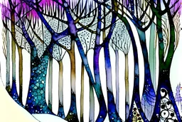 Winter trees elegant fantasy intricate art deco fantasy watercolor mystic Paul Klee Tim burton Yacek Yerka dee Nickerson snow winter cold season