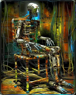 contradiction skipping a presumed egoist overload over subsystem, weak zero, absurd vibe, a # 72, Matt Jones, swoosh dynamics, unexpected improbability, tired old rusty scrappy robot sitting in a shabby wire chair with a walking cane, amazing reflections