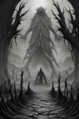 nightmare hell scape, black and white
