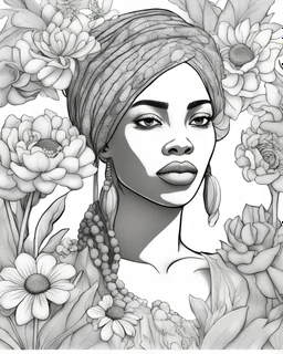 a coloring page in the outline ink style: the close-up face of an adult africaan girl surrounded by flowers, leaning towards the viewer, with a natural landscape in the background. In the style of Tim Burton, black graphic outlines, without gradients, in a rough style