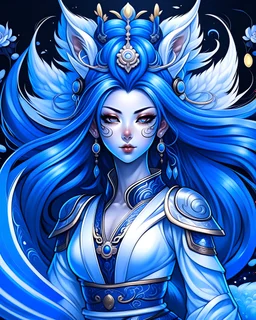 Create an ethereal. Kitsune, girl, dark blue hair and ears, fluffy, highly detailed, precise line work, samurai armor, big face, white tails on background