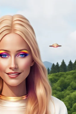 ufos rainbows,beautifuls paysages, fantastic colours,cosmic woman ,beautiful ufos rainbow, admiral from the future, galactic confédération, fine whole face, crystalline skin, expressive purple eyes,rainbow, smiling lips, very nice smile, costume pleiadian, Beautiful tall woman pleiadian Galactic commander, ship, perfect datailed golden galactic suit, high rank, long blond hair, hand whit five perfect detailed finger, amazing big puple eyes, mouth, high définition lips, cosmic happiness, bright c
