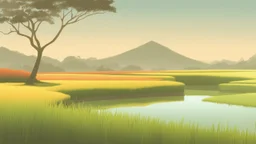 Rice field，Trees，Warm color palette，Animation，A lovely grasshopper，Top of the hill