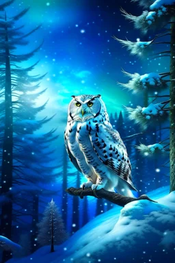 Beautiful snow owl in a magical forest with magical cosmic sky.