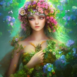  Beautiful and gright goddess of spring,delicate flowers, knees up portrait, fantastical, intricate detail, splash screen, complementary colors, fantasy concept art, 8k resolution, Unreal Engine 5"