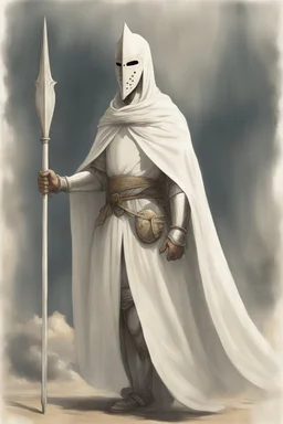 Knight wearing white robes and white cape with white mask, holding a spear