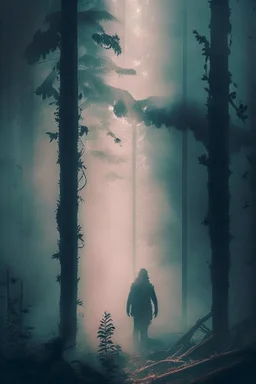 happy in the shadows of the forest, depth of field, old photography, mist, smoke, artstation