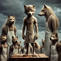 stands on top a wooden box a thin, young sad anthropomorphic wolf in full body hair with autentic wood-bone necklace hanging in his neck and in white belt , front him two older anthropomorphic wolves white Chef's Bib Snap Apron look at him, stormy sky, in blur background more different anthropomorphic wolves stand in body hair and looking them , realistic, detailed, cinematic, sci-fi, digital art, fantasy mood