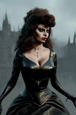 young sophia loren as evil queen in black leather, angry, stern look, volumetric lighting, particales,highly detailed,cinematic, deep colours,8