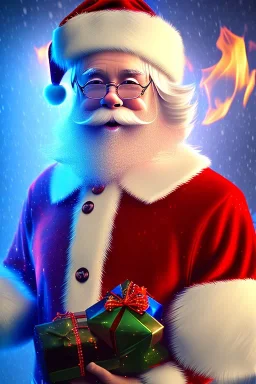 Santa, reindeer, waterfall, red green blue, high definition, ultra 8 k, liquid lighting, fire, rain, realistic