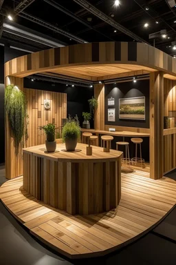 Corner exhibition stand in eco-style, with wood elements and meeting areas