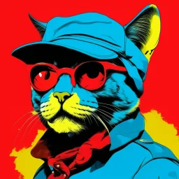 cat with shark mask hat solana war in the trtenches armed style in the style of warhol