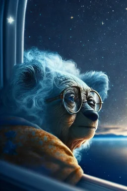 grandma koala, with background star field seen in the window of a boat, 4 k, trending art, depth of field, in the style of gorillaz