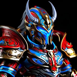 silver and crimson lightning Raijin knight, blue electric horns that sprout forwards, a silver mask that covers the lower face, golden highlights throughout the armour, electricity emitting from the armour as a lightning arch appears from the back, crimson hair appearing out of the helmet, less blue throughout the armour