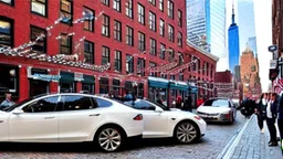A Tesla's 'Model S Plaid' is racing at top speed, on the South Street Seaport, in New York. CINEMATIC. WIDE ANGLE LENS. PHOTO REAL.