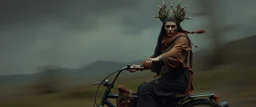 master oil painting by Rembrandt, scary ai sami woman loab on trike, motion blur background