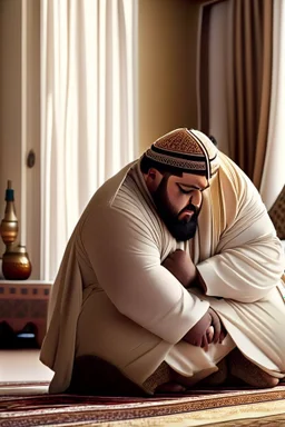 close up photography of a Burly arab 26 year old stocky short chubby man on his knees, short beard, dressed in an brown economic traditional caftan with pants and sandals, photorealistic, ambient occlusion, in a simple living room, ambient occlusion, side view from the bottom