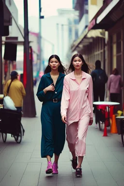 mujeres caminando por una céntrica calle de una ciudad, visten ropa de segunda mano, es la moda y es tendencia, fotografía real