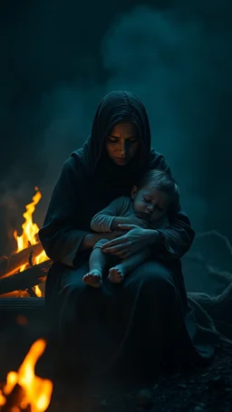 ,surrealism of the dark of a nightmare , hyper photorealistic, hyper detailed bright art color, high resolution, fog, octane render, tilt shift, HDRI Environment, all pictures dark gray, sad mother holding her sick child in her lap by the fire
