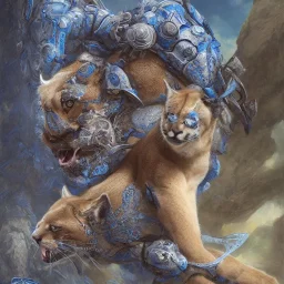 one cougar in blue and white battle armor, a highly detailed illustration, background of Inka jungle, realistic render, 8 k, micro detail, intricate, elegant, centered, digital painting, Artstation, smooth, sharp focus, illustration, artgerm, tomasz alen kopera, peter mohrbacher, donato giancola, joseph christian leyendecker, wlop, boris vallejo