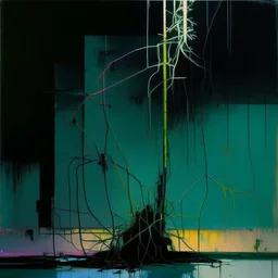 Minimal abstract oil painting of a plant in concrete neon warehouse brutalist architecture and hanging wires illuminated at night. With triadic colours. In the style of Justin Mortimer and Phil Hale, Ashley Wood