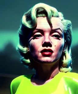 Ultra Realistic retro sci-fi 1960 scene, waist up view portrait, blonde woman, sweet young Marilyn Monroe face, perfect iris, tight latex coat, Strange planet background, Retro sci-fi style glass helmet, fog, rain, soft color, highly detailed, unreal engine 5, ray tracing, RTX, lumen lighting, ultra detail, volumetric lighting, 3d, finely drawn, high definition, high resolution.