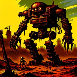 90's TCG art retro fantasy art of scrap robot monster post apocalyptic