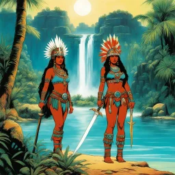 (Aztec art by Russ Meyer) In the realm of Eldoria, two indigenous girls stand tall, Clad in armor and adorned with tribal tales that call.With bows in hand, they gaze towards a mystical oasis,Where aqua waters meet luminous green in a magical stasis.Their bodies bear tattoos of valor and ancient lore,As they guard a forgotten prophecy, their spirits soar.Under the enchanted tree's shade, they sit in contemplation,In a world of heroes and villains, a realm of imagination.Their presence is a beaco