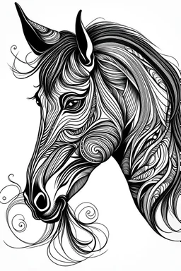 realistic horse head tattoo idea, line art, background, vector, svg, black outline on white background, leave plenty of white space beetween lines for coloring, tattoo style, tattoo idea,full body, minimalist