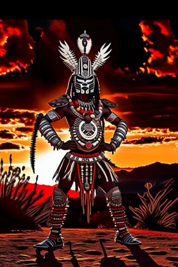 Full legs. Striking portrait of Nantli warrior as anthropomorphic puma, adorned with intricately designed traditional armor and headdress. His face, painted with black and white patterns, radiates a fierce and determined expression. A red sun adorns his headdress, symbolizing strength and power. The background, a vast, golden desert landscape, with a sun setting behind some rocky outcrops. 8k. Full body