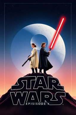 movie poster for Star Wars episode 4 featuring luke and leia in iconic poses atop of a mound shaped as the words "STAR WARS" death star in background, correct any proportions errors