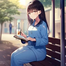 anime girl sitting on a porch swing, wearing pajamas, drinking a cup of coffee, writing in a book, its raining