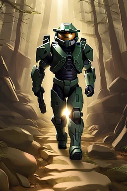 Masterchief from the halo video game series leading a group of Boy Scouts on a hike through the woods
