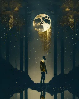 A man in the forest and a gold rain and a passing moon