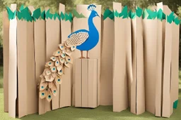 peacock scene made from torn cardboard boxes in sunshine