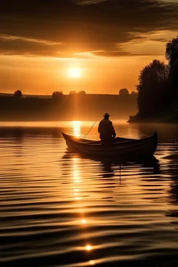 un bote en el medio de un rio con un pescador viendo el atardecer al estilo de Da Vinci