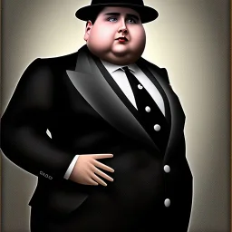 A half body portrait of a 1930s Italian-American businessman in his late 20s with a black bowler hat and a suit. He is obese and has black hair