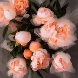 cinematic shot of peonies made from peach tulle in a glass bowl, warm lighting, soft lighting, sunbeam, linen, luxurious, crystal