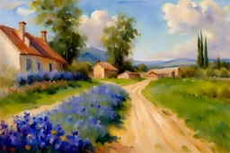 Sunny day, clouds, dirt road, flowers, mountains, houses, trees, john singer sargent watercolor paintings