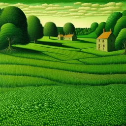 A green meadow with moles painted by Grant Wood