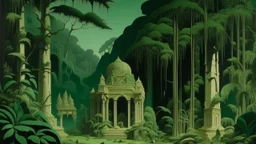 A dark green jungle with a ruined temple designed in Bayeux tapestry painted by Giovanni Battista Sassi