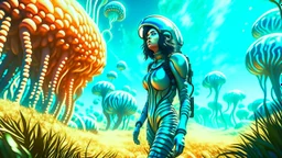 woman with black hair, in a tight spacesuit, without a helmet, walking through Alien mushrooms with jellyfish tentacles in an alien forest, photorealistic, Deep Colour, Intricate Detail, sunshine, blue sky