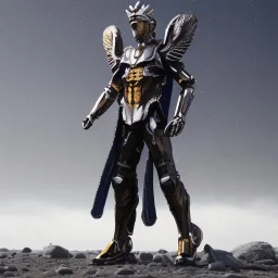 A battle suit made of galaxies and stars with a glove that has seven endless stones,A god-like man with infinite power who owns the galaxies,God-like man with infinite power who owns the galaxies and wears a beautiful crown, a jewel of diamonds and galaxies with weapons riding on a creature with an eagle head and eagle wings and eagle hands