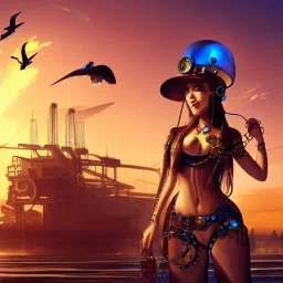 great illustrator, spanish, realistic rendering of a spanish cute girl, beautiful, steampunk style. Helmet with tubes. Machinery in the background. robotic bird flying. High details. 4k. unreal engine, sunset